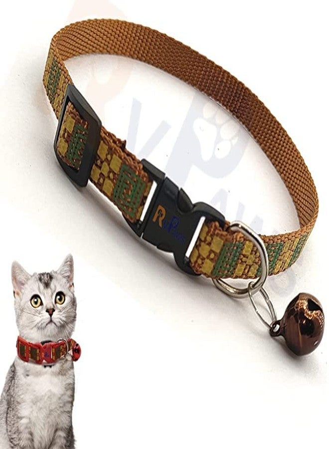 Pups&Pets Pet Nylon Printed & Safe Adjustable Collar with Bell, Soft Neck Belt for Small Pet, Kitten & Adult Cat - 10 MM (Golden) - Image 1